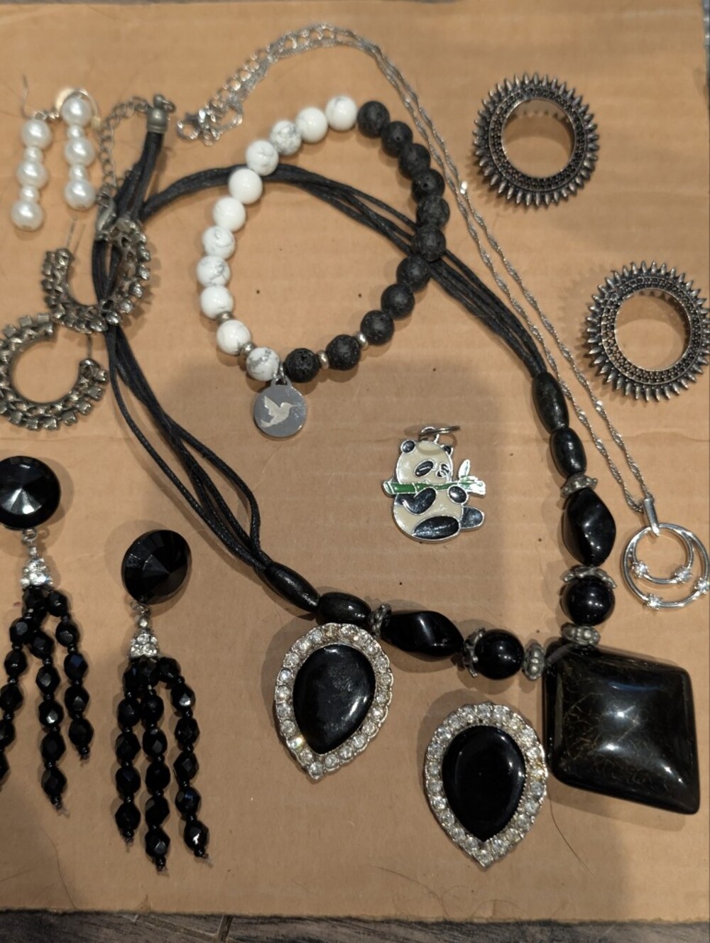 Black Crystal Drop Earrings and Pendant Set - Unbranded